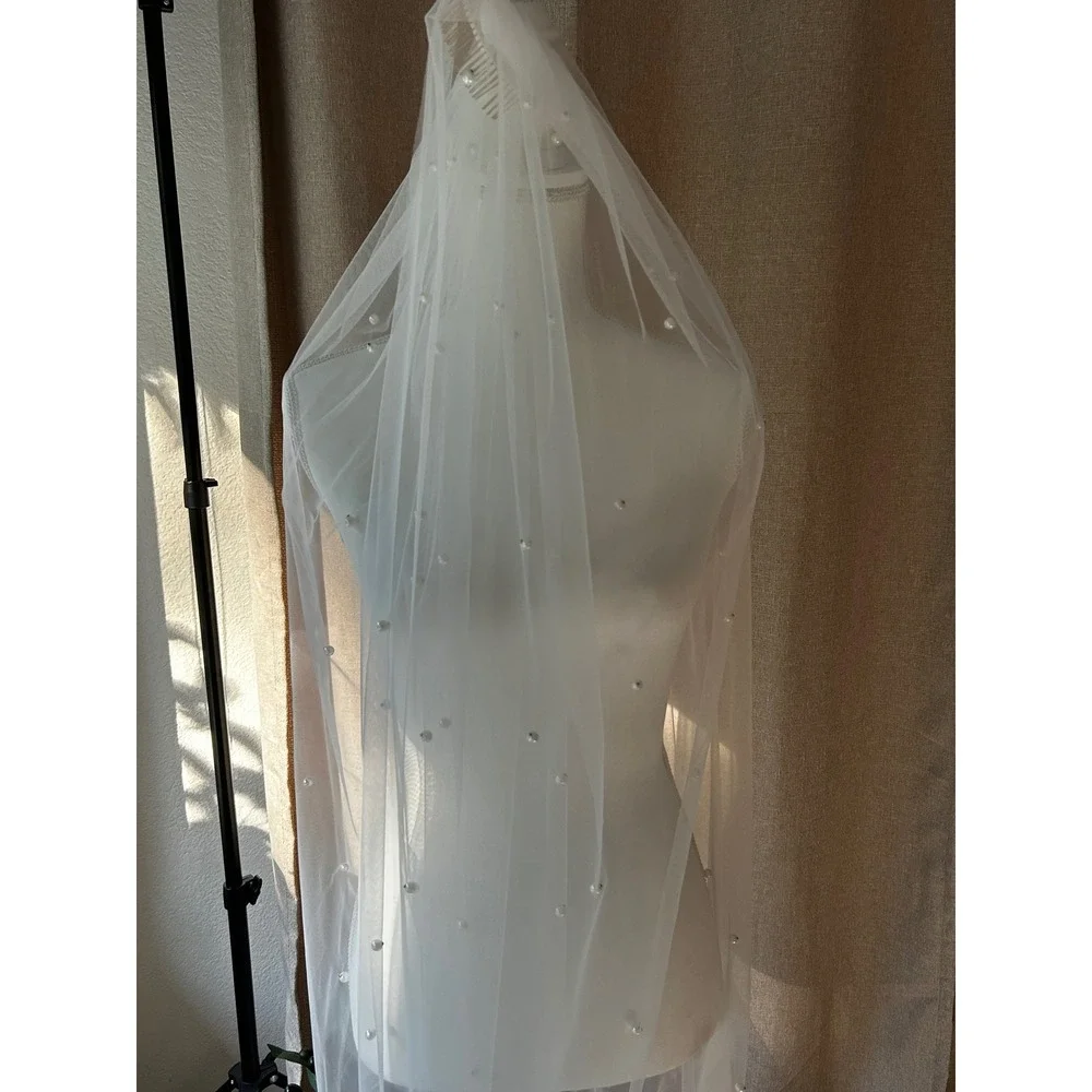 Cathedral Pearl Bridal Veil | Hand-Stitched Ivory Tulle | Pearl Wedding Veil